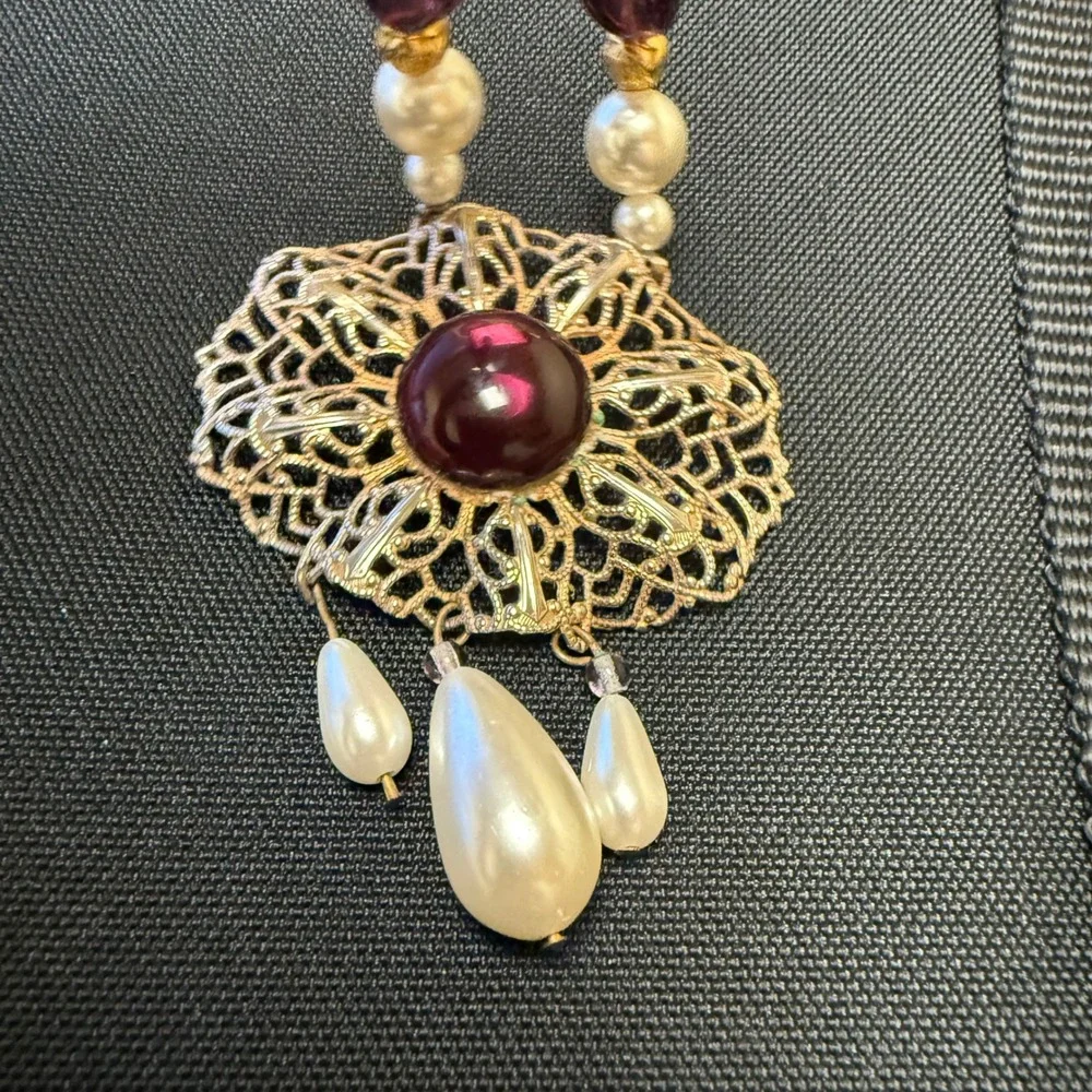 Vintage V.A. Faux Pearl Purple Glass Bead Filigree Pendant Necklace Gold Tone